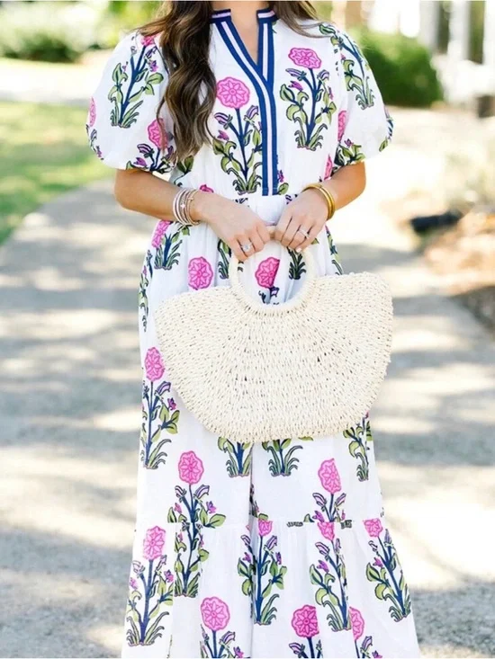 💙 NWT 💙 THML • White Floral Puff Sleeve Maxi Dress with Contrast Collar • Small - Picture 2 of 16